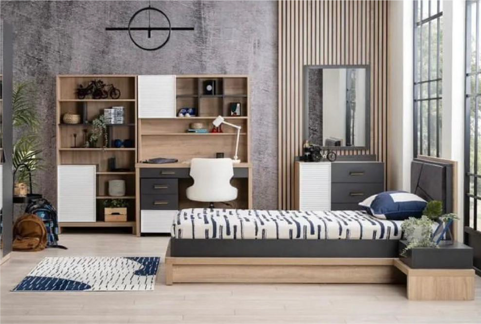 New City  Description  Bed 120*200, Dressing Table, Bedside Table, Bookshelf, Desk, Chair, Drawer unit, Bedspread, Rug, Chandelier, Night Light, 4-Door Wardrobe   No. of pieces : 12