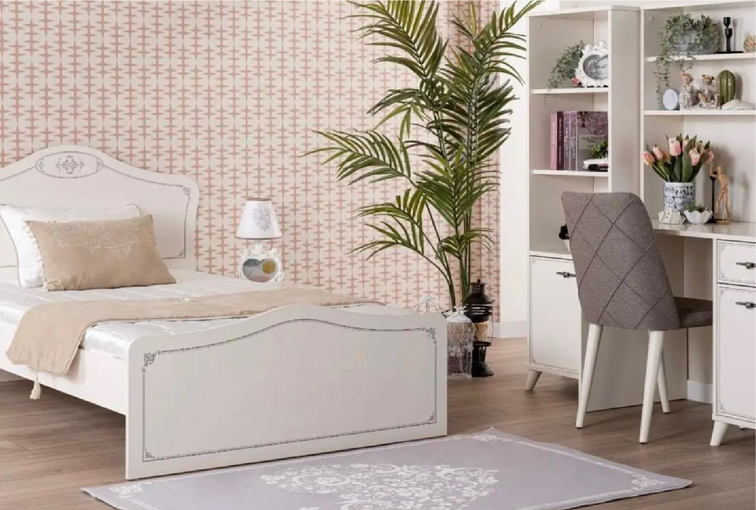 Luna Description  Bed 120*200, Dressing table, Bedside table, Bookshelf,Desk, chair, Bedspread, Rug, Chandelier, Night light,5-Door wardrobe.  No. of pieces : 11